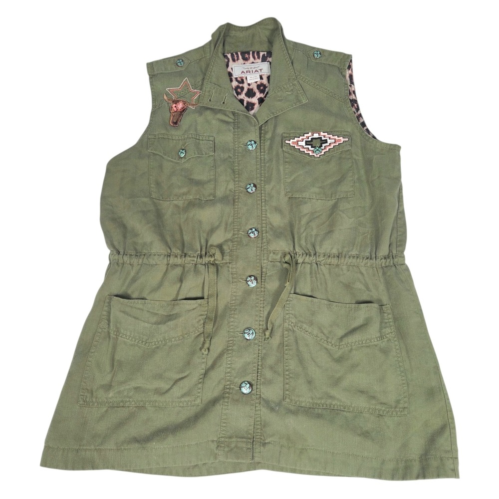 Ariat Vest Womens XL Green Southwestern Embroidered Utility Leopard Lined Cargo